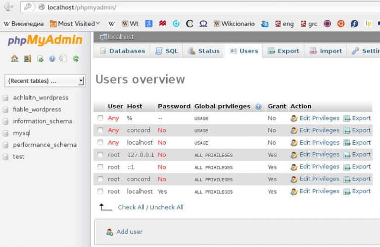 Fila Utilizatori Phpmyadmin