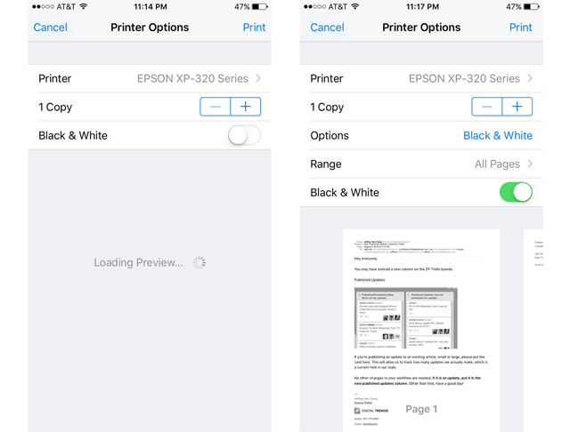 Printer Options - iPhone