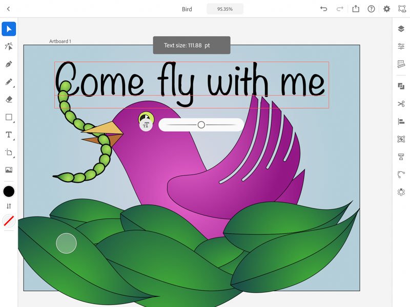 comenzile sub text Adobe Illustrator iPad