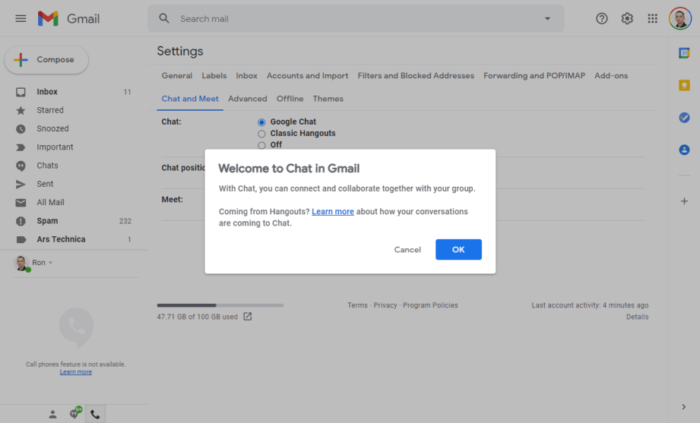 Interfata unificata Gmail Chat